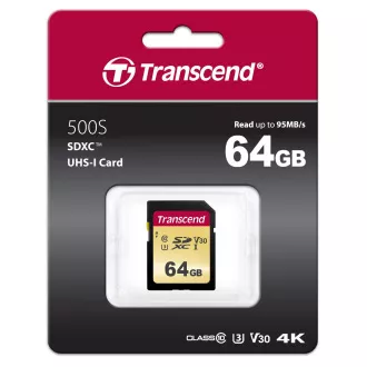 TRANSCEND SDXC karta 64GB 500S, UHS-I U3 V30 (R:95/W:50 MB/s)