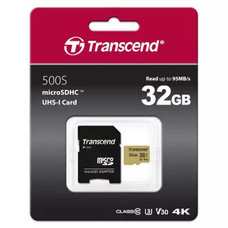 TRANSCEND MicroSDHC karta 32GB 500S, UHS-I U3 V30 + adaptér
