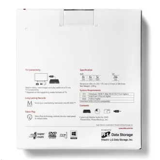 HITACHI LG - externí mechanika DVD-W/CD-RW/DVD±R/±RW/RAM GP57ES40, Slim, Silver, box+SW HITACHI LG - externí mechanika DVD-W/CD-RW/DVD±R/±RW/RAM GP57ES40, Slim, Silver, box+SW