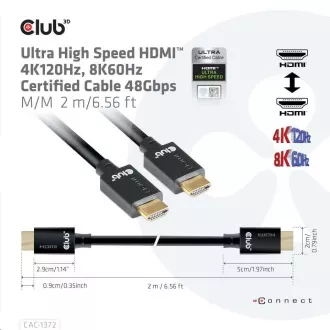 Club3D Kabel Ultra Rychlý HDMI™ Certifikovaný HDMI™ 4K120Hz, 8K60Hz, 2m, 28 AWG