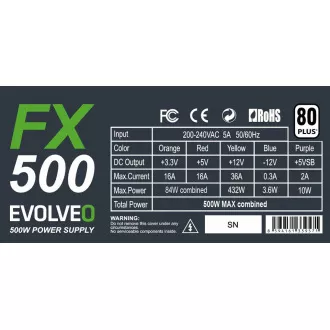 EVOLVEO FX 500, zdroj 500W ATX, 14cm, tichý, 80+, bulk
