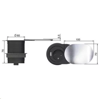 Solight 1x vestavná zásuvka + 1x USB s posuvným víčkem, oválný kryt z broušeného hliníku, prodlužovací přívod 1, 9m Solight 1x vestavná zásuvka + 1x USB s posuvným víčkem, oválný kryt z broušeného hliníku, prodlužovací přívod 1, 9m
