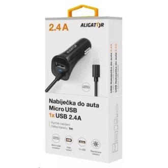 Aligator nabíječka do auta Turbo charge, 12/24 V, 2, 4 A, microUSB, 1x USB výstup, černá