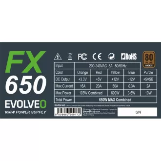 EVOLVEO FX 650, zdroj 650W ATX, 14cm, tichý, 80+ bronze, bulk