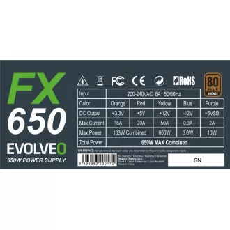 EVOLVEO FX 650, zdroj 650W ATX, 14cm, tichý, 80+ Bronze, záruka 3 roky, černý