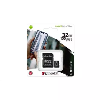 Kingston MicroSDHC karta 32GB Canvas Select Plus 100R A1 C10 Card + SD adaptér