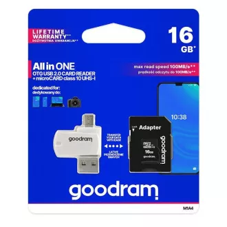 GOODRAM microSDHC karta 16GB M1A4 All-in-one (R:100/W:10 MB/s), UHS-I Class 10, U1 + Adapter + OTG card reader/čtečka