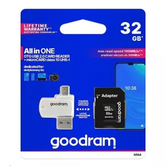 GOODRAM microSDHC karta 32GB M1A4 All-in-one (R:100/W:10 MB/s), UHS-I Class 10, U1 + Adapter + OTG card reader/čtečka