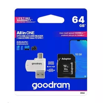 GOODRAM microSDXC karta 64GB M1A4 All-in-one (R:100/W:10 MB/s), UHS-I Class 10, U1 + Adapter + OTG card reader/čtečka