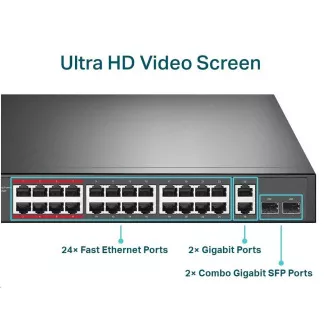 TP-Link CCTV switch TL-SL1226P (24x100Mb/s, 2xGbE/2xSFP combo, 24xPoE+, 250W)