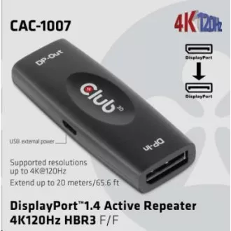 Club3D Adaptér aktivní DisplayPort 1.4 Repeater 4K120HZ HBR3 (F/F), černá
