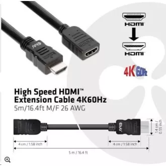Club3D Kabel prodlužovací Rychlý HDMI 4K60HZ (M/F), 5m, černá, 26 AWG