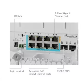 MikroTik CSS610-1Gi-7R-2S+OUT reverzní PoE switch, 8x Gigabit, 2x SFP+, 1x PoE out, 7x PoE in, 56Gbps