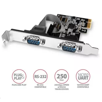 AXAGON PCEA-S2N, PCIe řadič - 2x sériový port (RS232) 250 kbps, vč. LP