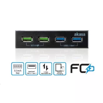 AKASA přední panel HUB 4 Port USB nabíjecí panel s dual Quick Charge 3.0 a dual USB 3.1 porty