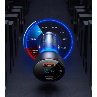 Baseus Particular Digital Display duální adaptér do automobilu USB-A QC + USB-C 65W, šedá