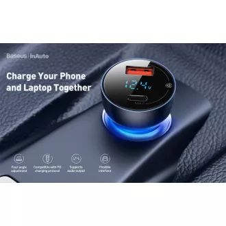 Baseus Particular Digital Display duální adaptér do automobilu USB-A QC + USB-C 65W, šedá