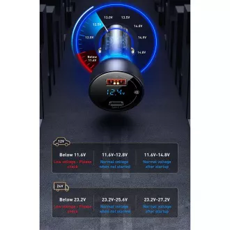 Baseus Particular Digital Display duální adaptér do automobilu USB-A QC + USB-C 65W, šedá