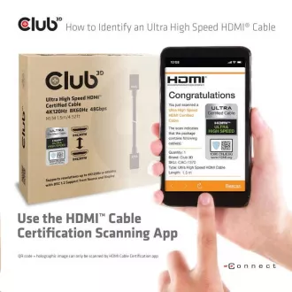 Club3D Adaptér HDMI 2.1 Ultra Rychlý HDMI™ Certifikovaný 4K120Hz, 8K60Hz, 48Gbps (M/M 1.5 m/4.92 ft), 28 AWG