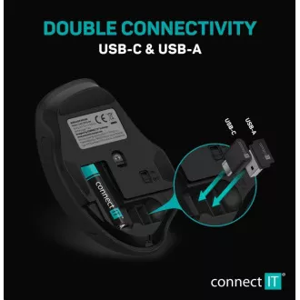CONNECT IT Dual SmartSwitch bezdrátová optická myš, USB-A, USB-C (+ 1x AA baterie zdarma), černá