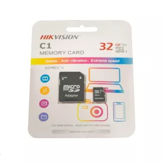 HIKVISION MicroSDHC karta 32GB C1 (R:92MB/s, W:15MB/s) + adapter
