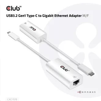 Club3D Adaptér aktivní USB 3.2 typ C na LAN (Gigabit Ethernet - 1Gb), 20cm