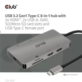 Club3D Dokovací stanice 8v1 USB 3.2 typ C (2xHDMI, 2xUSB-A, RJ45, SD/ Micro SD USB Type-C, 100W PD