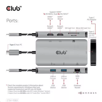 Club3D Dokovací stanice 8v1 USB 3.2 typ C (2xHDMI, 2xUSB-A, RJ45, SD/ Micro SD USB Type-C, 100W PD