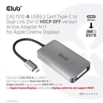 Club3D Adaptér aktivní USB 3.2 typ C na DVI-D Dual Link 4K30Hz pro Apple Cinema Display, HDCP off