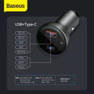 Baseus PPS adaptér do automobilu s displejem USB-C + USB-A 45W, šedá