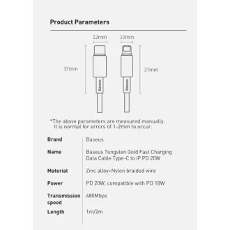 Baseus Tungsten Gold rychlonabíjecí / datový kabel USB-C na Lightning PD 20W 2m, černá