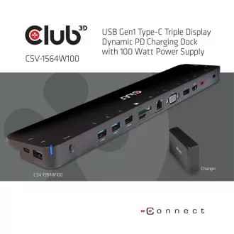 Club3D Dokovací stanice USB-C 14v1, 1xDP, 1xHDMI, 1xVGA, 2xUSB-C, 5xUSB, čtečka SD karet, 1xRJ45, černá