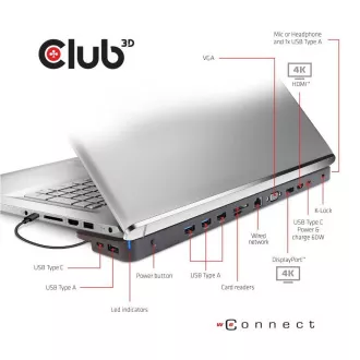 Club3D Dokovací stanice USB-C 14v1, 1xDP, 1xHDMI, 1xVGA, 2xUSB-C, 5xUSB, čtečka SD karet, 1xRJ45, černá