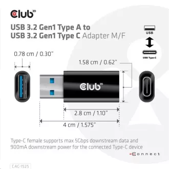 Club3D adaptér USB 3.2 Gen1 Type A na USB 3.2 Gen1 Type C (M/F), černá