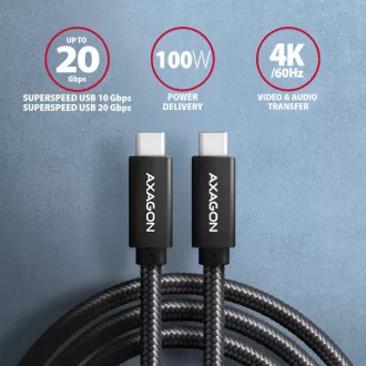 AXAGON BUCM32-CM10AB, SPEED+ kabel USB-C <-> USB-C, 1m, USB 20Gbps, PD 100W 5A, 4k HD, ALU, oplet, černý