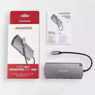 AXAGON HMC-6M2, USB 3.2 Gen 1 hub, porty 2x USB-A, HDMI, RJ-45 GLAN, SATA M.2 slot, PD 100W, kabel USB-C 18cm