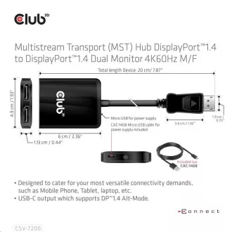 Club3D hub MST USB-C na DisplayPort, 4K60Hz (M/F) Club3D hub MST USB-C na DisplayPort, 4K60Hz (M/F)