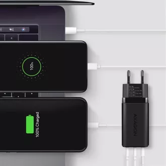 AXAGON ACU-DPQ65, GaN nabíječka do sítě 65W, 3x port (USB-A + dual USB-C), PD3.0/QC4+/PPS/Apple, černá