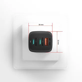 AXAGON ACU-DPQ65, GaN nabíječka do sítě 65W, 3x port (USB-A + dual USB-C), PD3.0/QC4+/PPS/Apple, černá