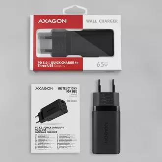 AXAGON ACU-DPQ65, GaN nabíječka do sítě 65W, 3x port (USB-A + dual USB-C), PD3.0/QC4+/PPS/Apple, černá