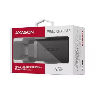 AXAGON ACU-DPQ65, GaN nabíječka do sítě 65W, 3x port (USB-A + dual USB-C), PD3.0/QC4+/PPS/Apple, černá