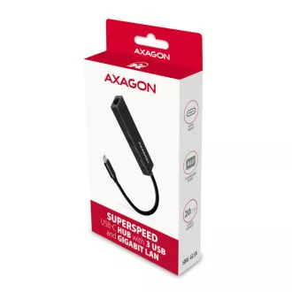 AXAGON HMC-GL3A, USB 3.2 Gen 1 hub, porty 3x USB-A + Gigabit Ethernet, kovový, kabel USB-C 20cm