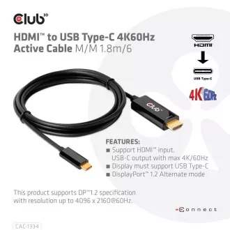 Club3D aktivní kabel HDMI na USB-C, 4K60Hz, 1.8m, M/M