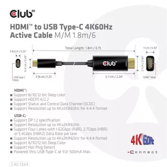Club3D aktivní kabel HDMI na USB-C, 4K60Hz, 1.8m, M/M