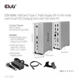 Club3D Dokovací stanice USB-C 12v1, 1xDP, 2xHDMI, 1xVGA, 2xUSB-C, 4xUSB, 1xRJ45, 1x3.5mm, šedá