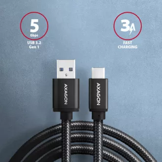 AXAGON BUCM3-AM15AB, SPEED kabel USB-C <-> USB-A, 1.5m, USB 3.2 Gen 1, 3A, ALU, oplet, černý
