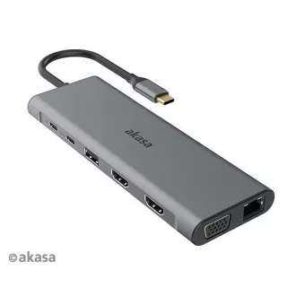 AKASA Dokovací stanice USB-C 14v1, USB-C (power+data), USB 2.0, 2xHDMI, VGA, RJ45, USB 3.2, čtečka karet, 3, 5mm jack