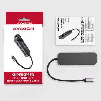 AXAGON HMC-6GL, USB 3.2 Gen 1 hub, porty 3x USB-A, HDMI 4k/30Hz, RJ-45 GLAN, PD 100W, kabel USB-C 20cm