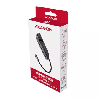 AXAGON HMC-6GL, USB 3.2 Gen 1 hub, porty 3x USB-A, HDMI 4k/30Hz, RJ-45 GLAN, PD 100W, kabel USB-C 20cm