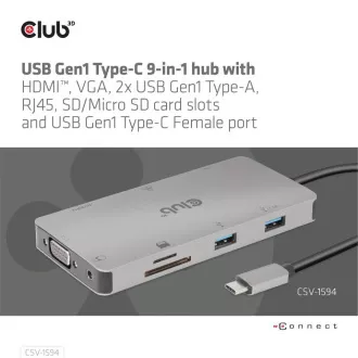 Club3D hub USB-C, 9-in-1 hub s HDMI, VGA, 2x USB Gen1 Type-A, RJ45, 100W PD Club3D hub USB-C, 9-in-1 hub s HDMI, VGA, 2x USB Gen1 Type-A, RJ45, 100W PD